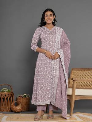  purple cotton silk embroidered anarkali kurta dupatta set 1