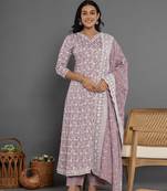  purple cotton silk embroidered anarkali kurta dupatta set