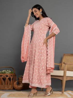  peach cotton silk embroidered anarkali kurta dupatta set 2