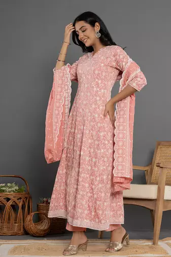  peach cotton silk embroidered anarkali kurta dupatta set