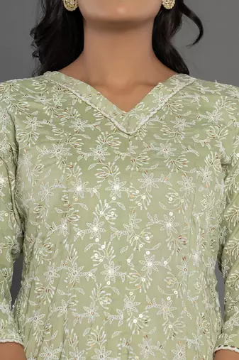  green cotton silk embroidered anarkali kurta dupatta set