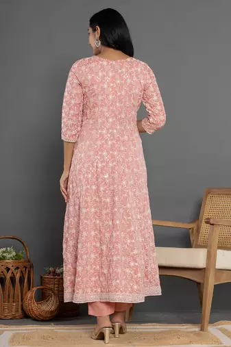  peach cotton silk embroidered anarkali kurta dupatta set