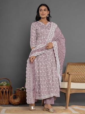  purple cotton silk embroidered anarkali kurta dupatta set 2