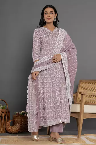  purple cotton silk embroidered anarkali kurta dupatta set