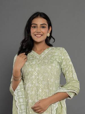  green cotton silk embroidered anarkali kurta dupatta set 5