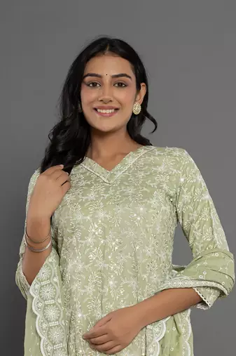  green cotton silk embroidered anarkali kurta dupatta set