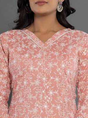  peach cotton silk embroidered anarkali kurta dupatta set 4