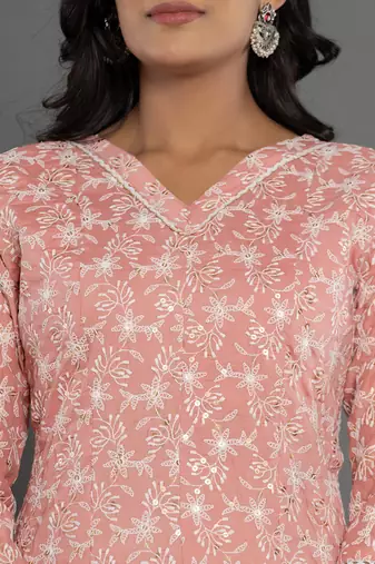  peach cotton silk embroidered anarkali kurta dupatta set
