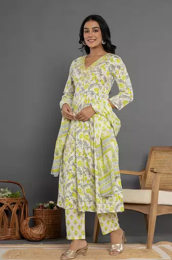  green beads & stones cotton anarkali kurta dupatta pant set