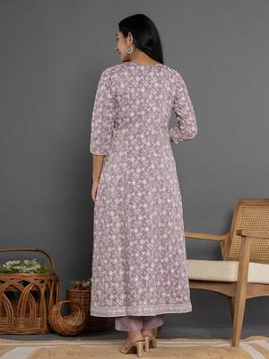  purple cotton silk embroidered anarkali kurta dupatta set 3