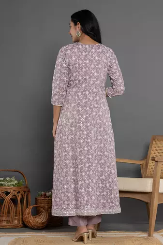  purple cotton silk embroidered anarkali kurta dupatta set