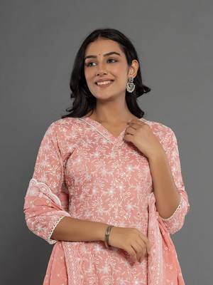  peach cotton silk embroidered anarkali kurta dupatta set 5
