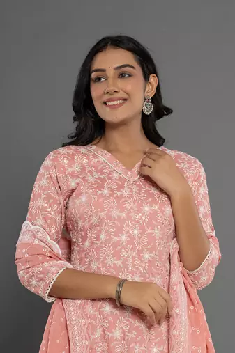  peach cotton silk embroidered anarkali kurta dupatta set