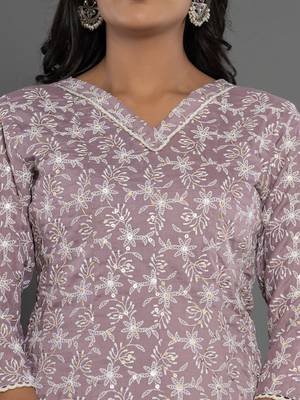  purple cotton silk embroidered anarkali kurta dupatta set 4