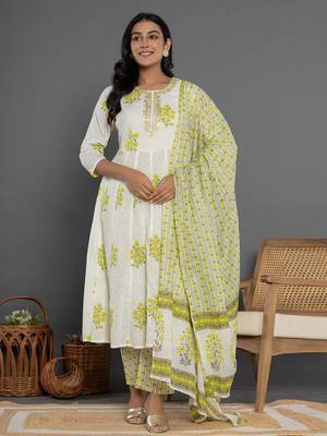  green & white gota patti cotton anarkali kurta dupatta pant set 1