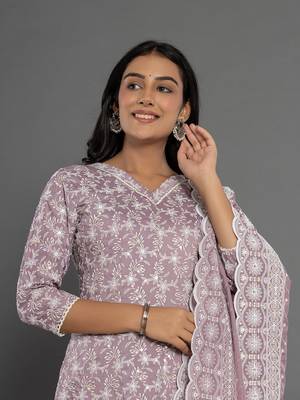  purple cotton silk embroidered anarkali kurta dupatta set 5