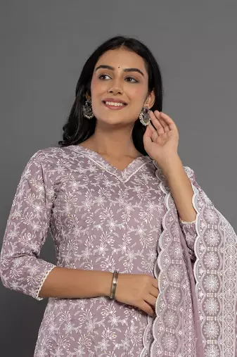  purple cotton silk embroidered anarkali kurta dupatta set