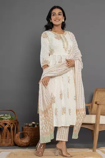 mustard gota patti cotton anarkali kurta dupatta pant set