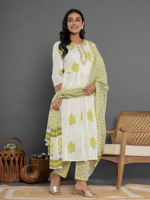 green & white gota patti cotton anarkali kurta dupatta pant set 5