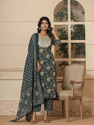  cotton green embroidered festive wear kurta dupatta set 1
