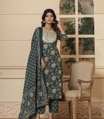  cotton green embroidered festive wear kurta dupatta set