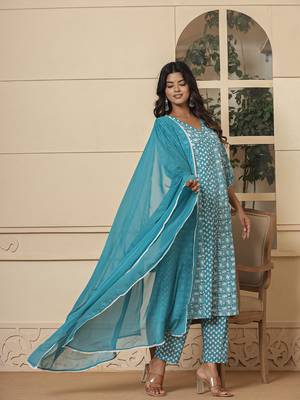  blue ethnic motifs cotton anarkali aliya cut kurta dupatta set 1