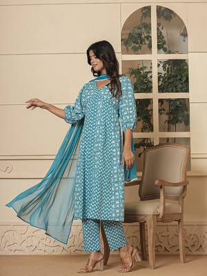  blue ethnic motifs cotton anarkali aliya cut kurta dupatta set 2