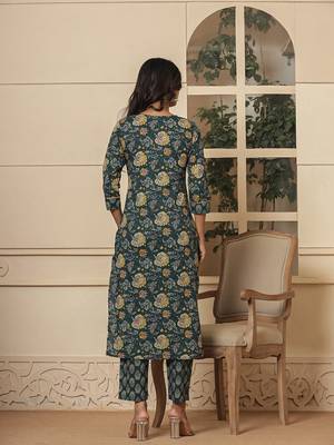  cotton green embroidered festive wear kurta dupatta set 3