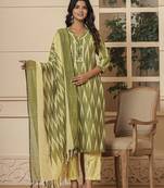  dark green ikat print straight kurta trouser and dupatta set