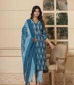  blue ikat print straight kurta trouser and dupatta set