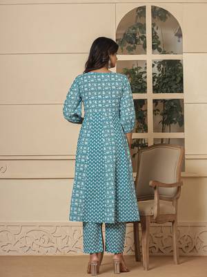  blue ethnic motifs cotton anarkali aliya cut kurta dupatta set 3
