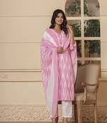  pink ikat print straight kurta trouser and dupatta set