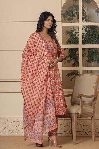  peach cotton sequins work kurta dupatta set