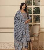  grey cotton sequins work kurta dupatta set