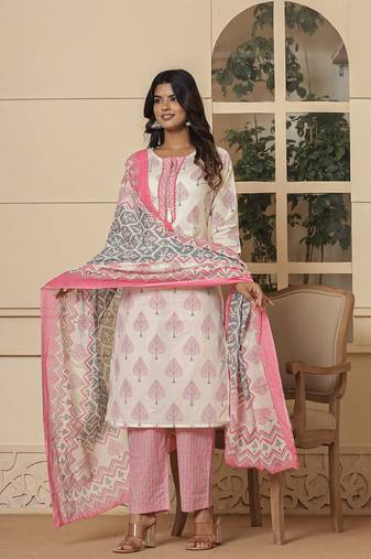  cotton pink and white kurta dupatta set