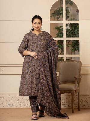  cotton olive paisley print plus size kurta dupatta set 1