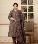  cotton olive paisley print plus size kurta dupatta set