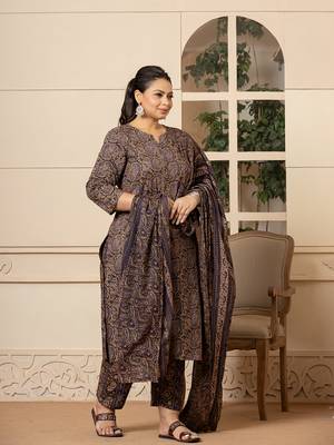  cotton olive paisley print plus size kurta dupatta set 2