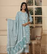  cotton sea green sequins work straight kurta dupatta set