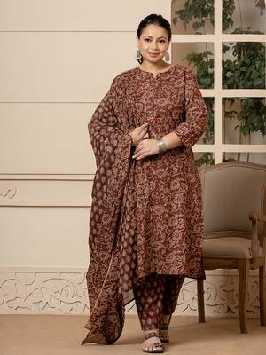Yufta cotton maroon plus size kurta dupatta set 1