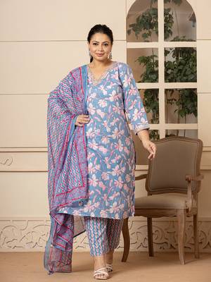  cotton blue plus size kurta dupatta pant set 1