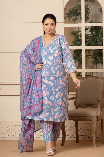  cotton blue plus size kurta dupatta pant set