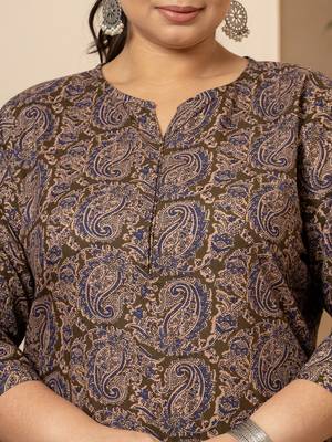  cotton olive paisley print plus size kurta dupatta set 4