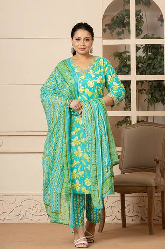  cotton green plus size kurta dupatta pant set