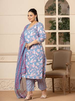  cotton blue plus size kurta dupatta pant set 2