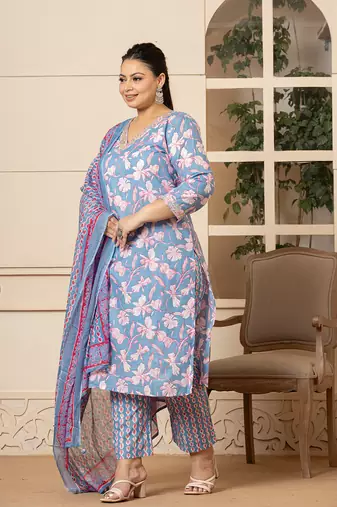  cotton blue plus size kurta dupatta pant set