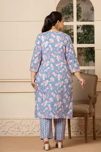  cotton blue plus size kurta dupatta pant set