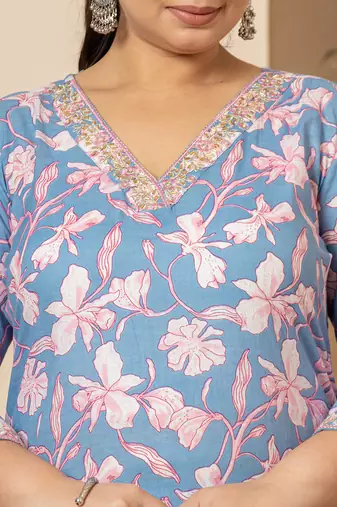  cotton blue plus size kurta dupatta pant set