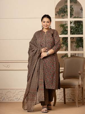  cotton grey plus size kurta dupatta pant set 1
