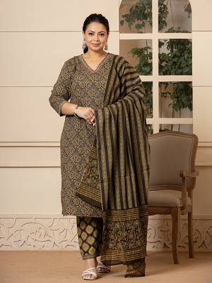  cotton olive ethnic motifs plus size kurta dupatta pant set 1